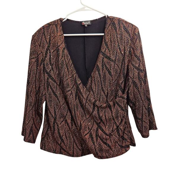 Helene Blake Sparkly Brown Crossover V-Neck Blouse Size 1x 3/4 Sleeve - Picture 1 of 8